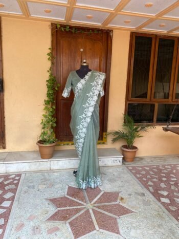 Embroidery organza saree | floral chikan organza silk saree with blouse |green silk saree | mehendi outfit  |sarees USA|organza saree blouse