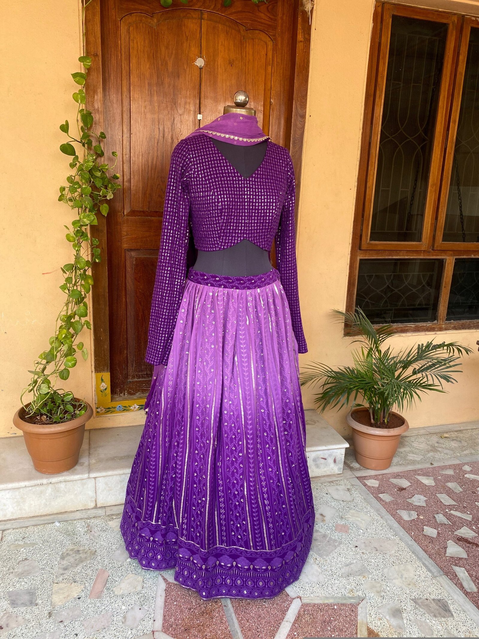 Purple Ombre Lehenga Set: Chikankari Embroidery Crop Top, Dupatta