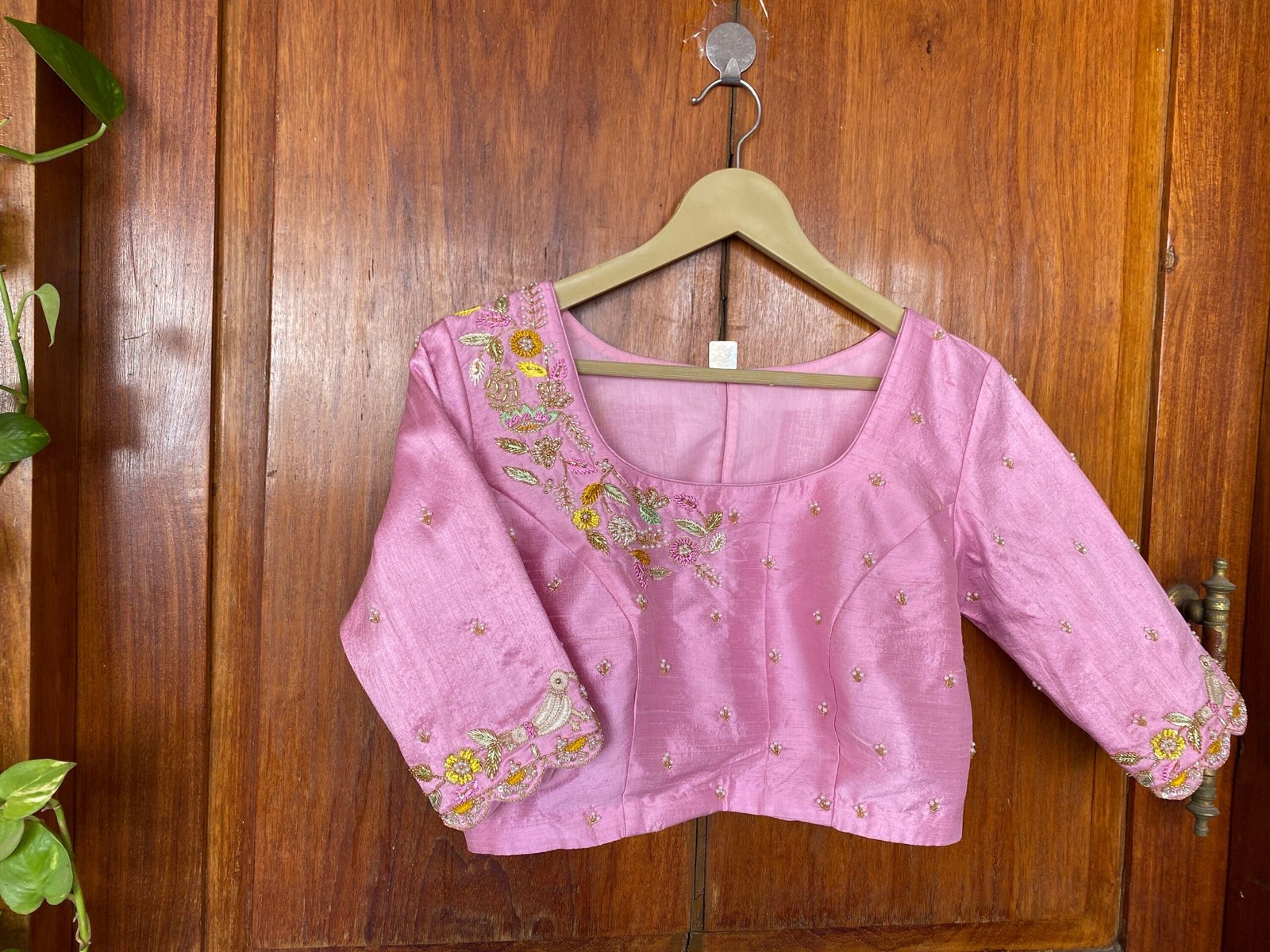 Pure silk hand embroidery blouse/saree maggam light pink blouse /pink saree blouse/ hand embroidered blouse / pink ready made blouse zardosi