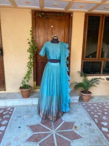 Women’s lehenga set/blue crop top lehenga/Indian crop top skirt wedding lehenga choli  sequin lehenga skirt with ruffle dupatta