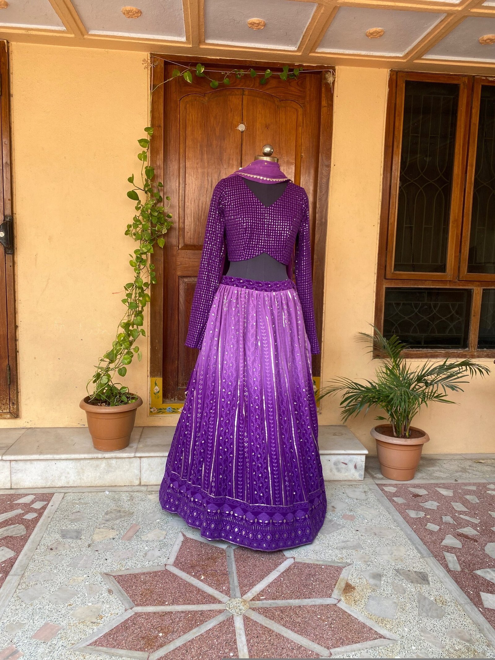 Purple Ombre Lehenga Set: Chikankari Embroidery Crop Top, Dupatta