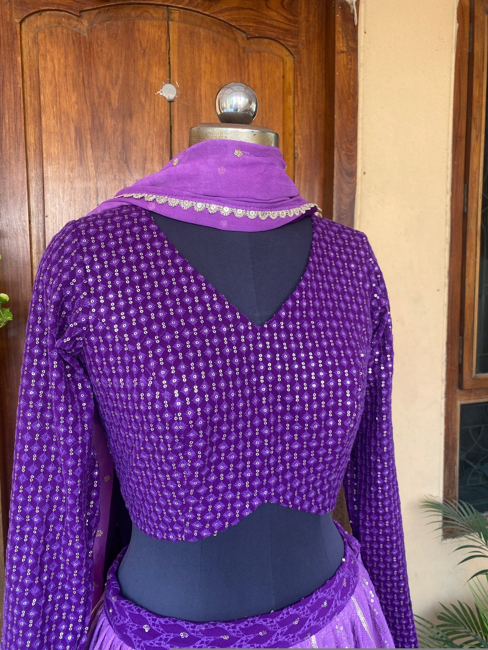Purple Ombre Lehenga Set: Chikankari Embroidery Crop Top, Dupatta