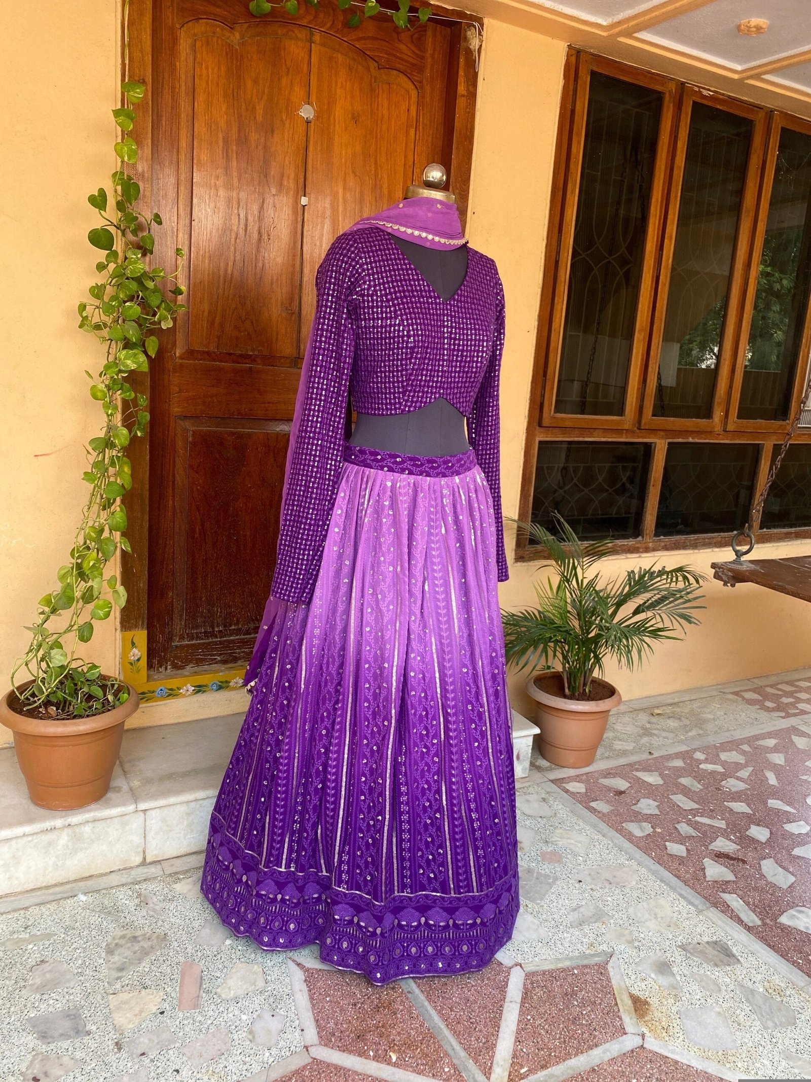 Purple Ombre Lehenga Set: Chikankari Embroidery Crop Top, Dupatta