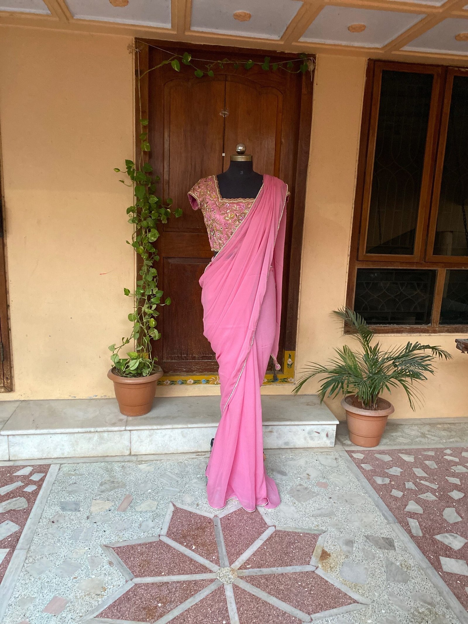 Saree with stitched blouse/ silk saree hand embroideredblouse / pink saree USA / soft silk saree ready blouse / cocktail saree/ modern saree