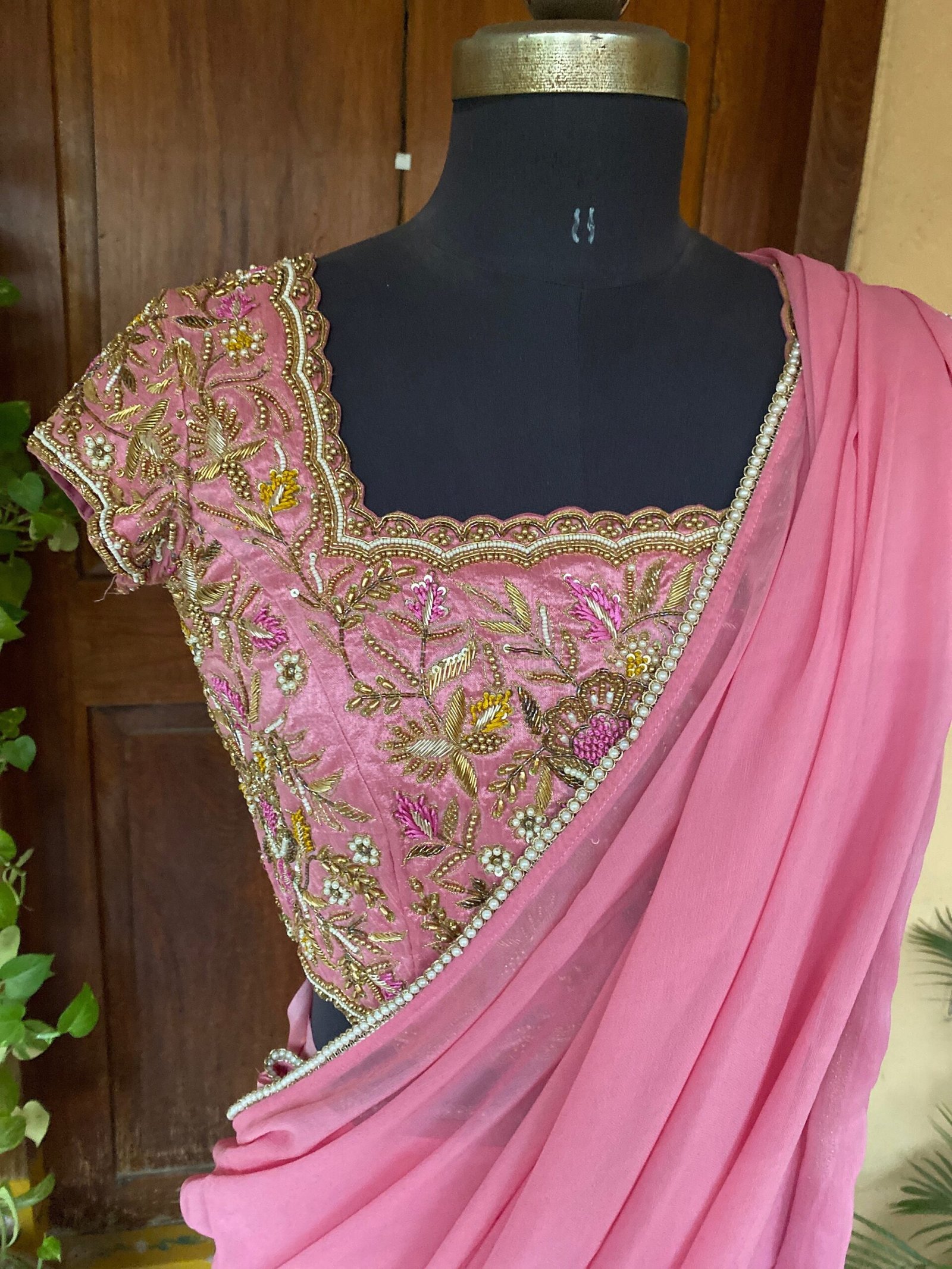 Saree with stitched blouse/ silk saree hand embroideredblouse / pink saree USA / soft silk saree ready blouse / cocktail saree/ modern saree