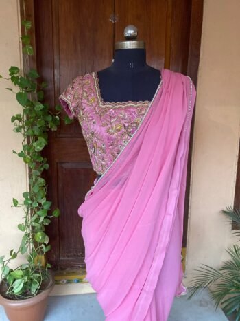 Saree with stitched blouse/ silk saree hand embroideredblouse / pink saree / soft silk saree ready blouse / cocktail saree/ modern saree