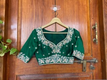 pure silk hand embroidery blouse  green saree maggam blouse /raw silk zardosi blouse /hand embroidered blouse/ready made blouse zardosi