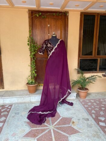 Soft organza saree with sequin embroidered ready to wear blouse/purple saree|cocktail saree/scallop saree with stitched designer blouse