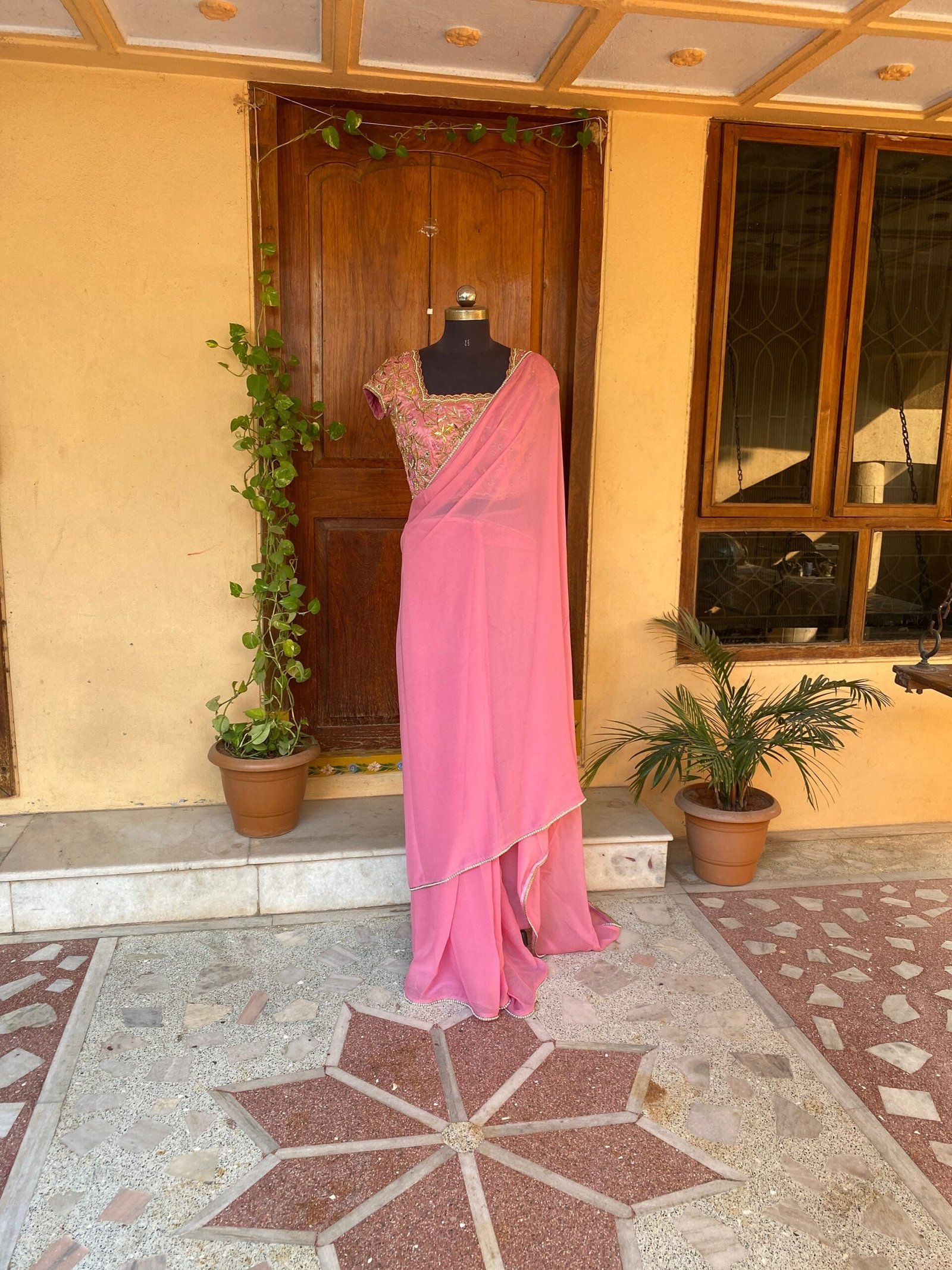 Saree with stitched blouse/ silk saree hand embroideredblouse / pink saree USA / soft silk saree ready blouse / cocktail saree/ modern saree