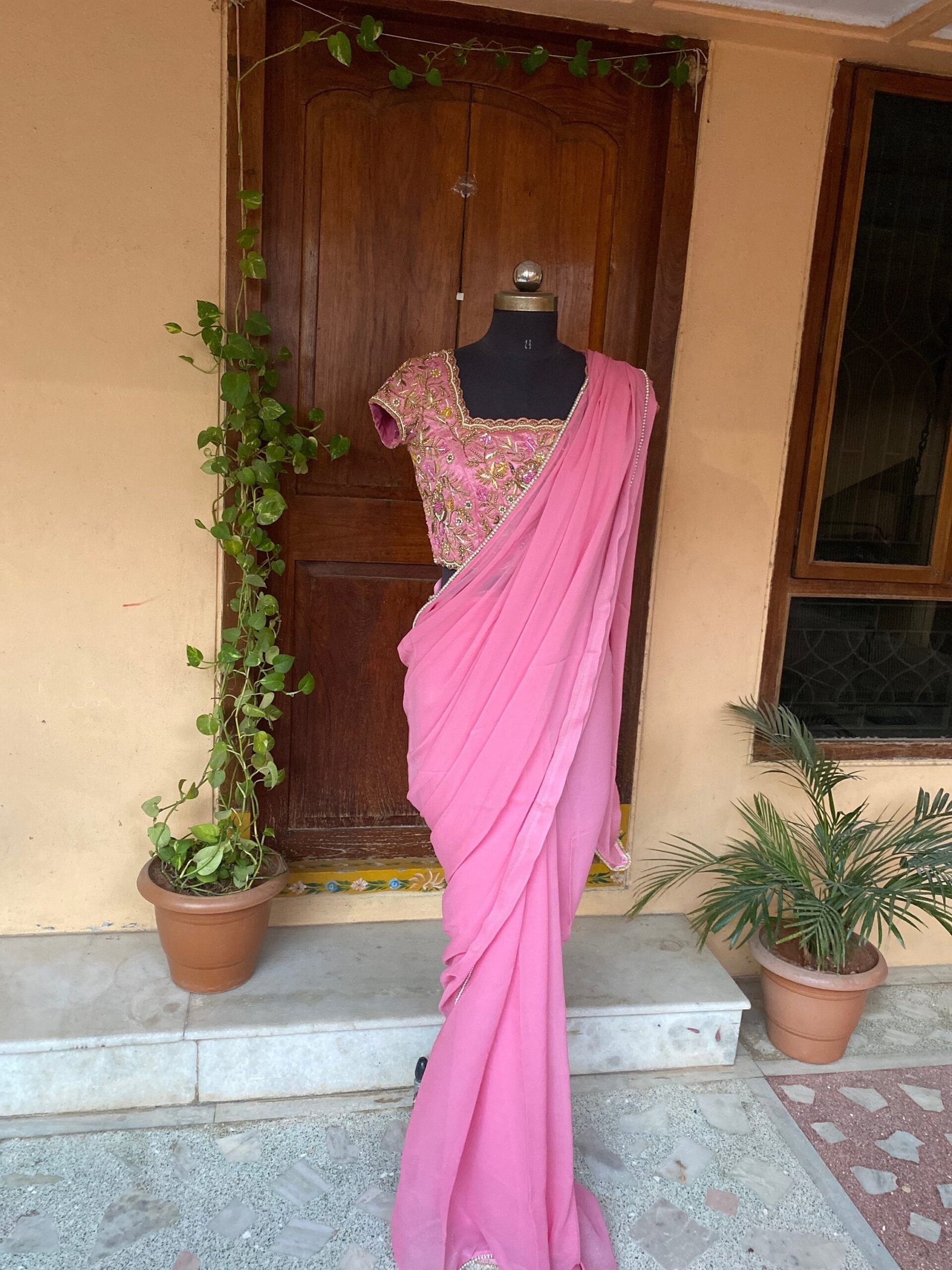 Saree with stitched blouse/ silk saree hand embroideredblouse / pink saree USA / soft silk saree ready blouse / cocktail saree/ modern saree