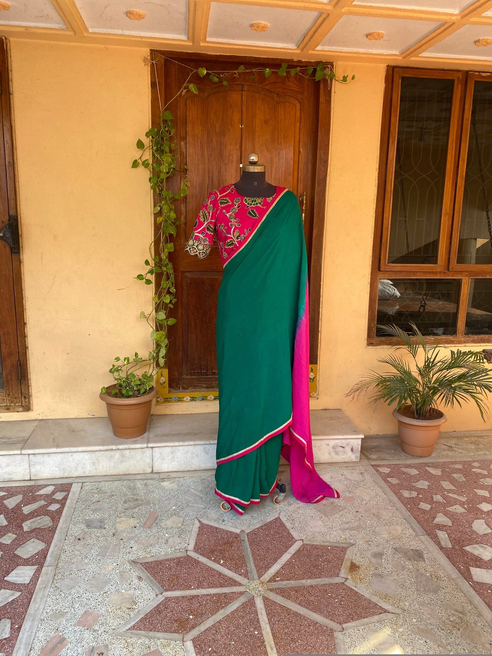 Kalamkari sari hand Embroidered blouse | green pink embroidered saree with ready blouse | kalamkari blouse with saree/green and pink saree