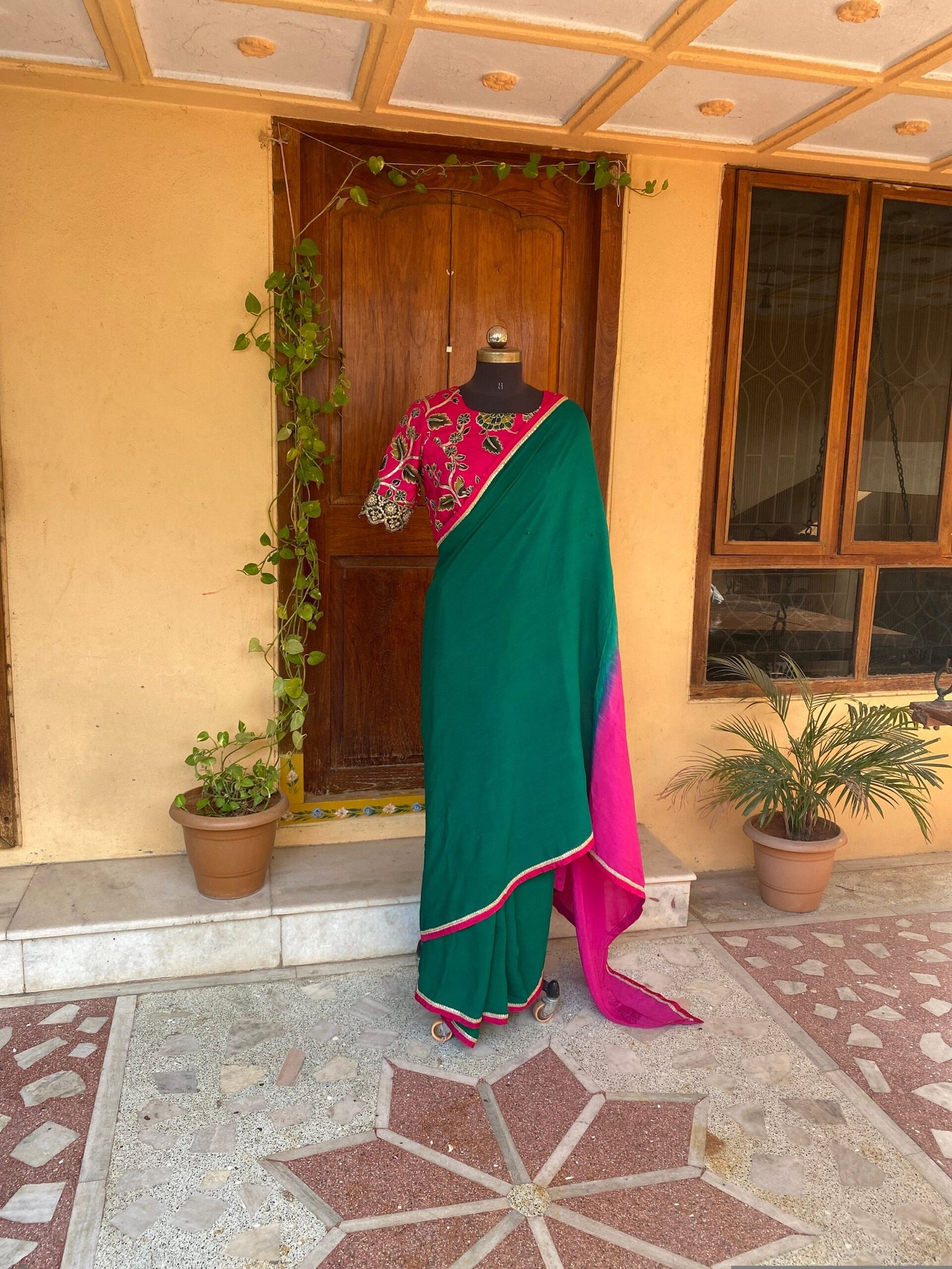 Kalamkari sari hand Embroidered blouse | green pink embroidered saree with ready blouse | kalamkari blouse with saree/green and pink saree