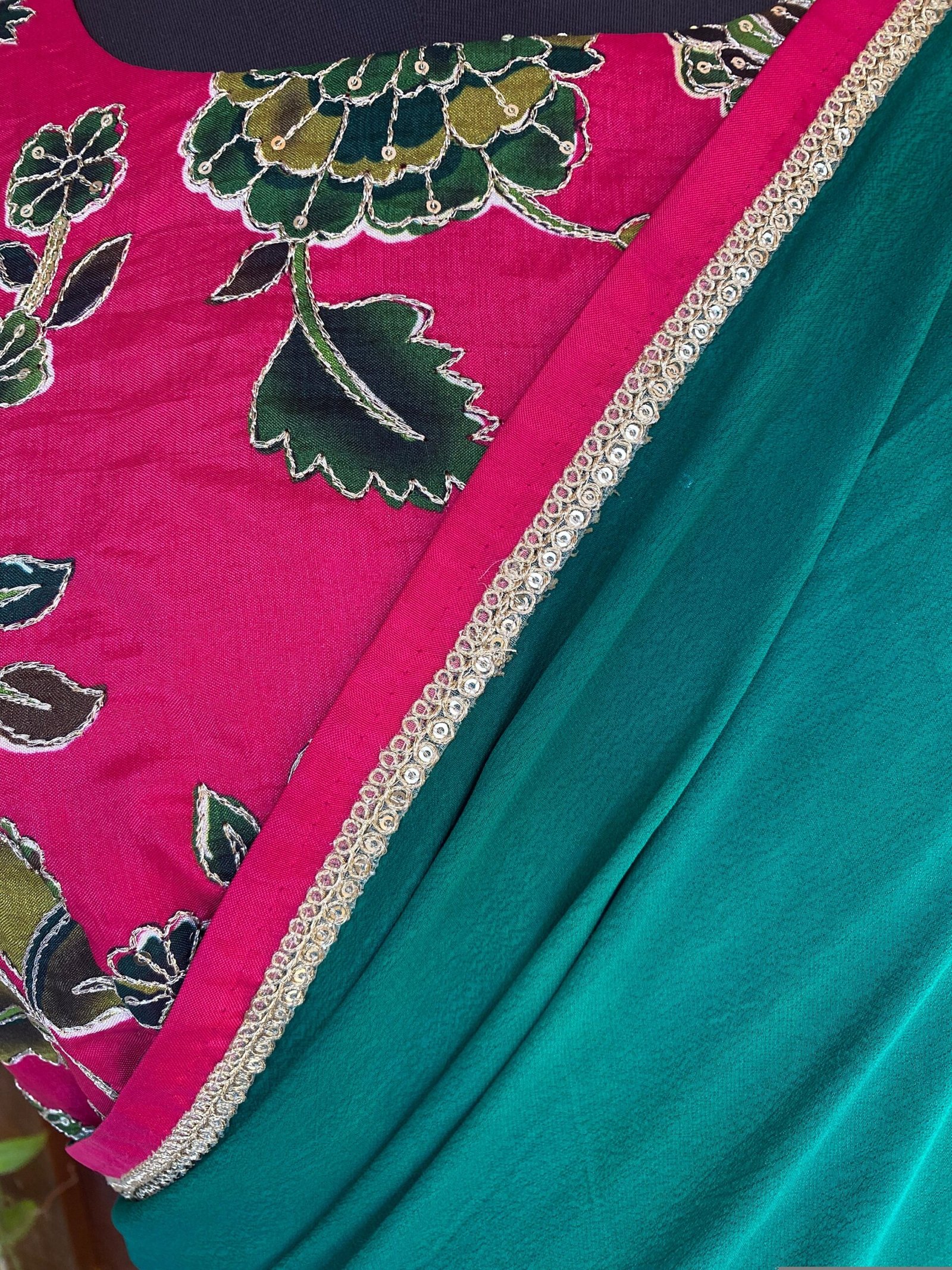 Kalamkari sari hand Embroidered blouse | green pink embroidered saree with ready blouse | kalamkari blouse with saree/green and pink saree