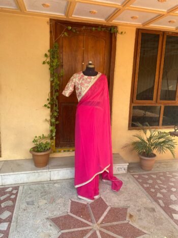 Saree with stitched blouse/ saree with embroidery blouse /Kalamkari blouse/georgette silk saree ready blouse/cocktail saree/modern saree