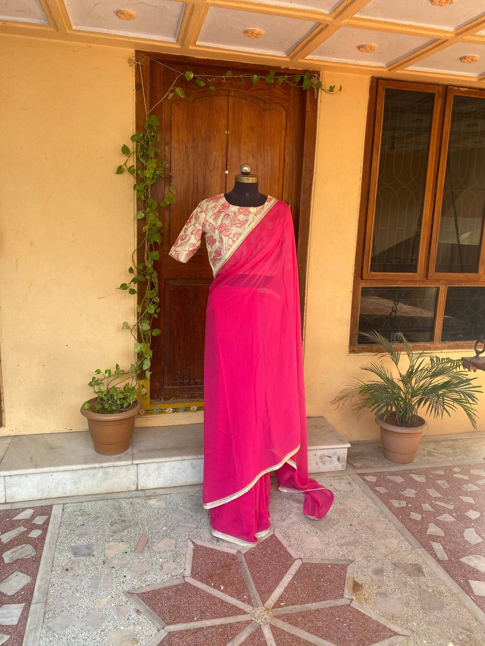 Saree with stitched blouse/ saree with embroidery blouse /Kalamkari blouse/georgette silk saree ready blouse/cocktail saree/modern saree usa