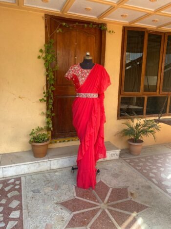 Ruffle saree with blouse/ peach ruffle saree with stitched blouse/ saree belt with blouse / silk ruffle saree / saree with belt / belt sari