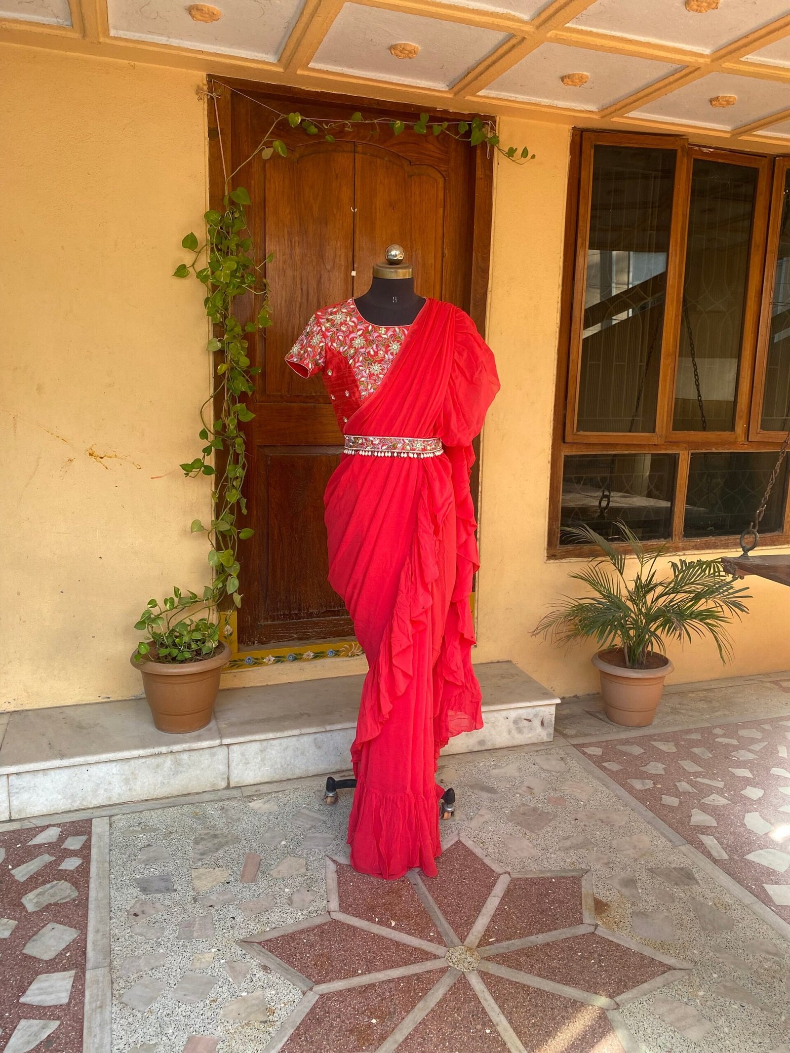 Ruffle saree with blouse/ peach ruffle saree with stitched blouse/ saree belt with blouse / silk ruffle saree / saree with belt / belt sari