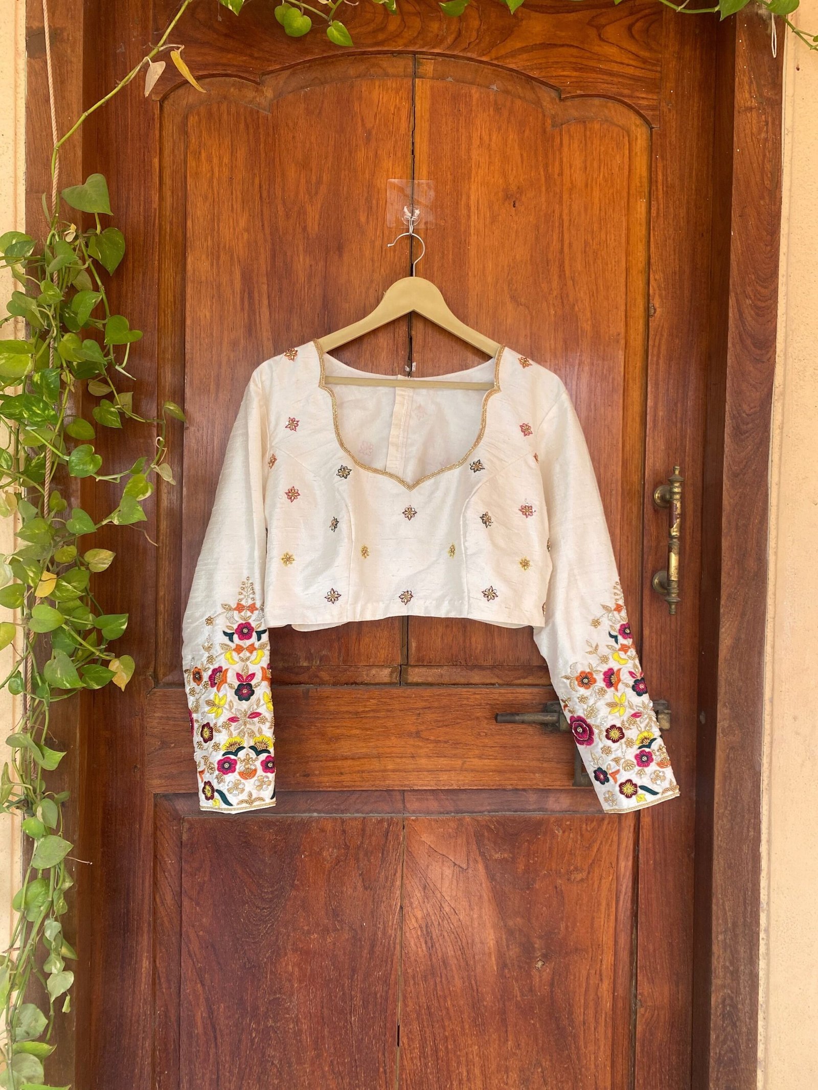 pure silk hand embroidery blouse /cream maggam blouse /raw silk zardosi blouse / multicolor chand embroidered blouse/ ready handmade blouse