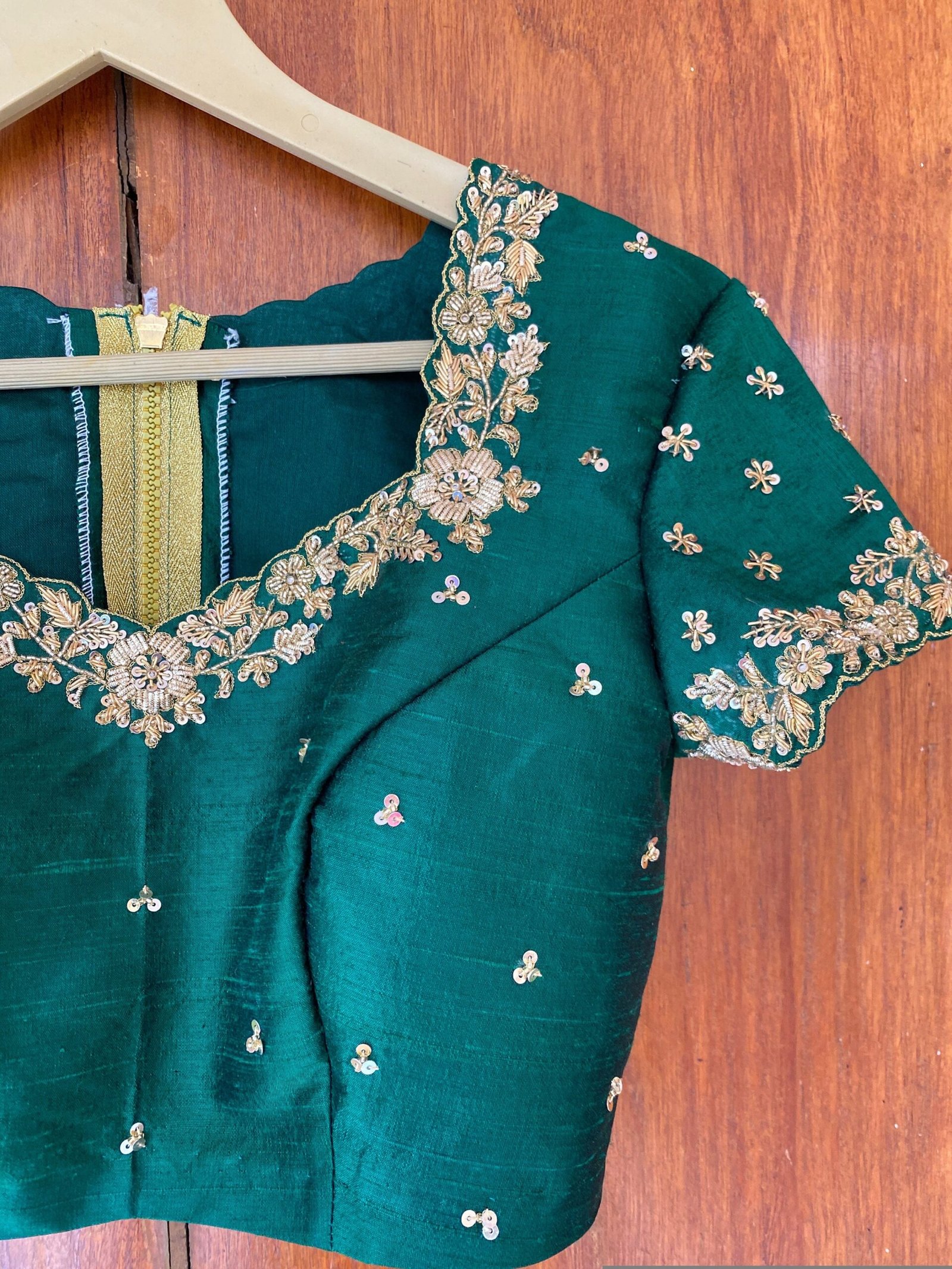 pure silk hand embroidery blouse / saree maggam blouse/ raw silk zardosi blouse / hand embroidered blouse / green ready made blouse zardosi