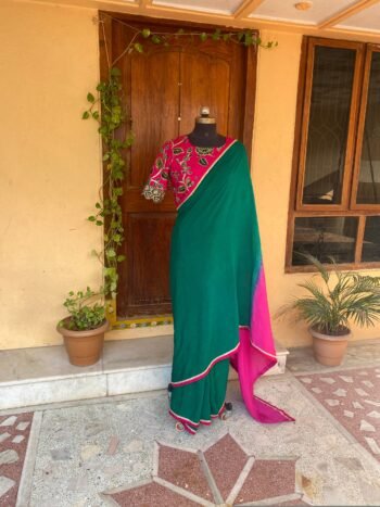 Kalamkari sari hand Embroidered blouse | green pink embroidered saree with ready blouse | kalamkari blouse with saree/green and pink saree