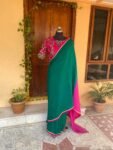 Kalamkari sari hand Embroidered blouse | green pink embroidered saree with ready blouse | kalamkari blouse with saree/green and pink saree