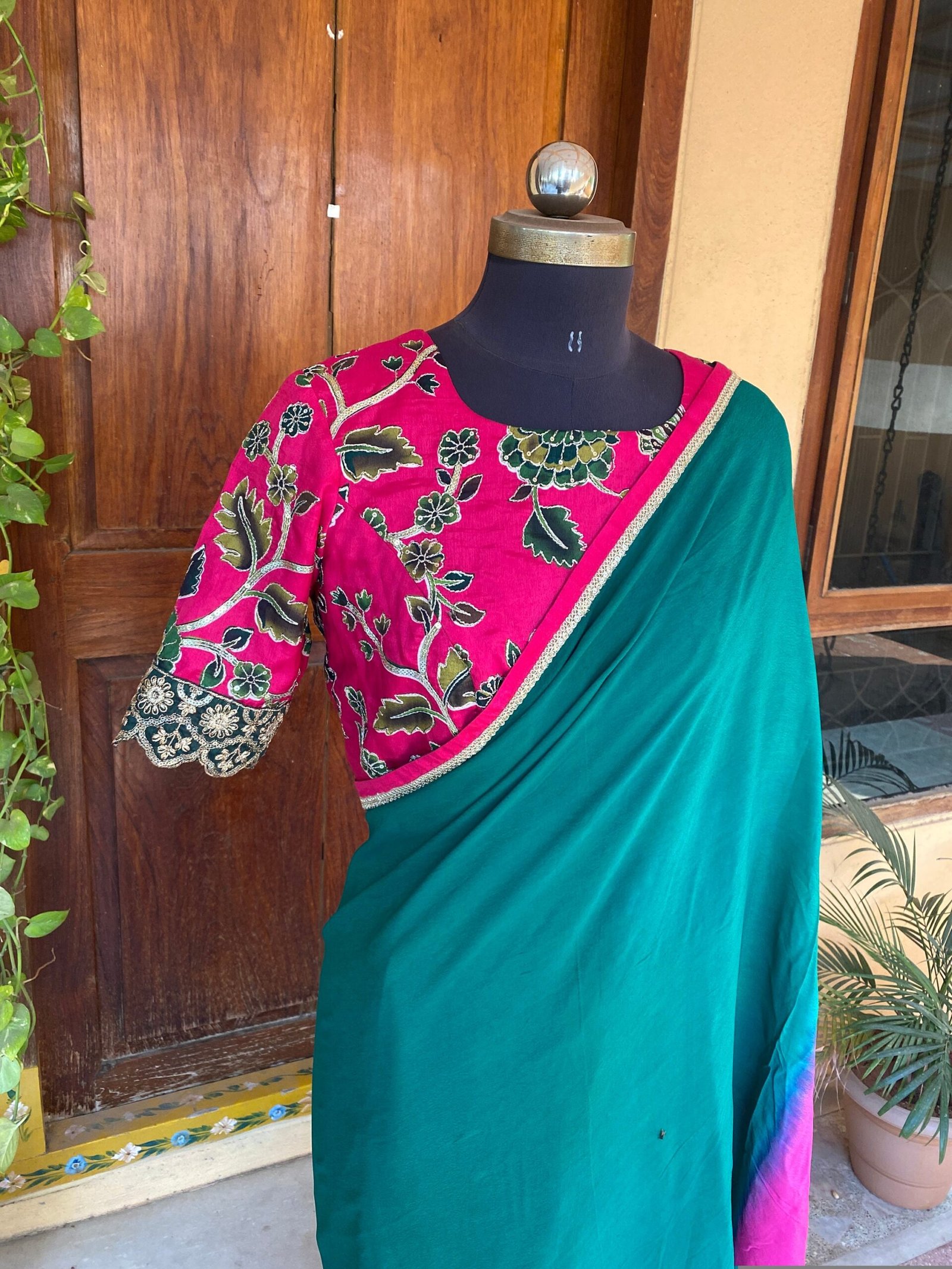 Kalamkari sari hand Embroidered blouse | green pink embroidered saree with ready blouse | kalamkari blouse with saree/green and pink saree