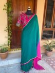 Kalamkari sari hand Embroidered blouse | green pink embroidered saree with ready blouse | kalamkari blouse with saree/green and pink saree