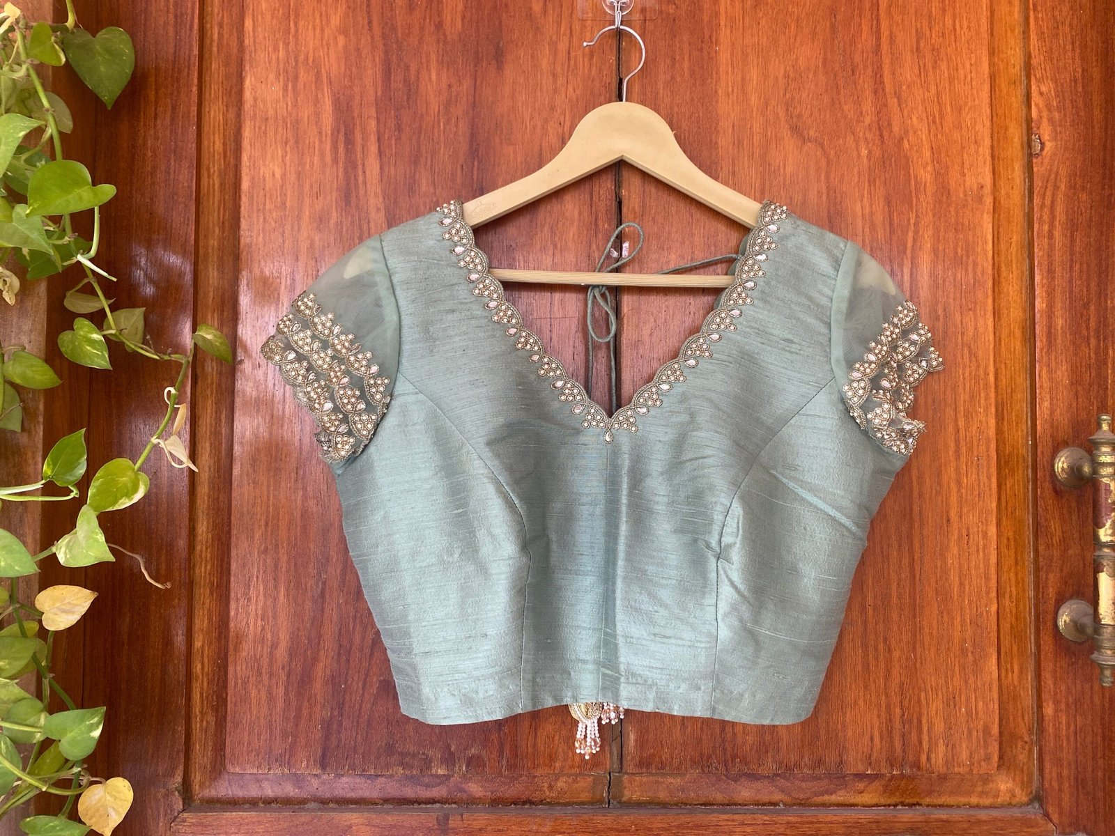 Green ruffle sleeve hand embroidery blouse/ saree maggam blouse/frill saree blouse/ v neck hand embroidered blouse/ready made blouse zardosi