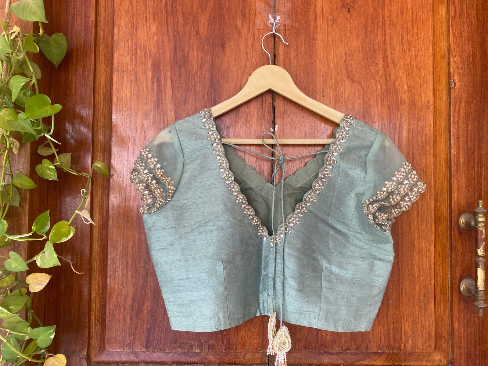 Green ruffle sleeve hand embroidery blouse/ saree maggam blouse/frill saree blouse/ v neck hand embroidered blouse/ready made blouse zardosi