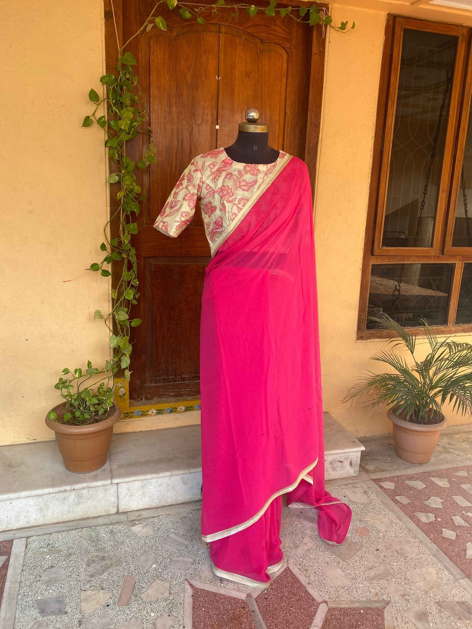 Saree with stitched blouse/ saree with embroidery blouse /Kalamkari blouse/georgette silk saree ready blouse/cocktail saree/modern saree usa