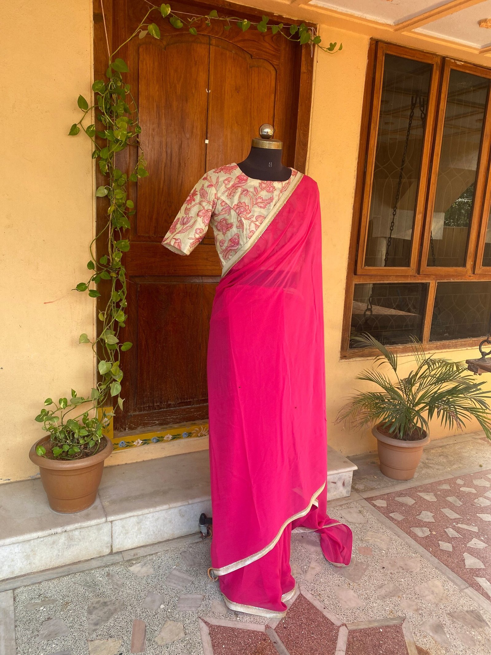 Saree with stitched blouse/ saree with embroidery blouse /Kalamkari blouse/georgette silk saree ready blouse/cocktail saree/modern saree usa