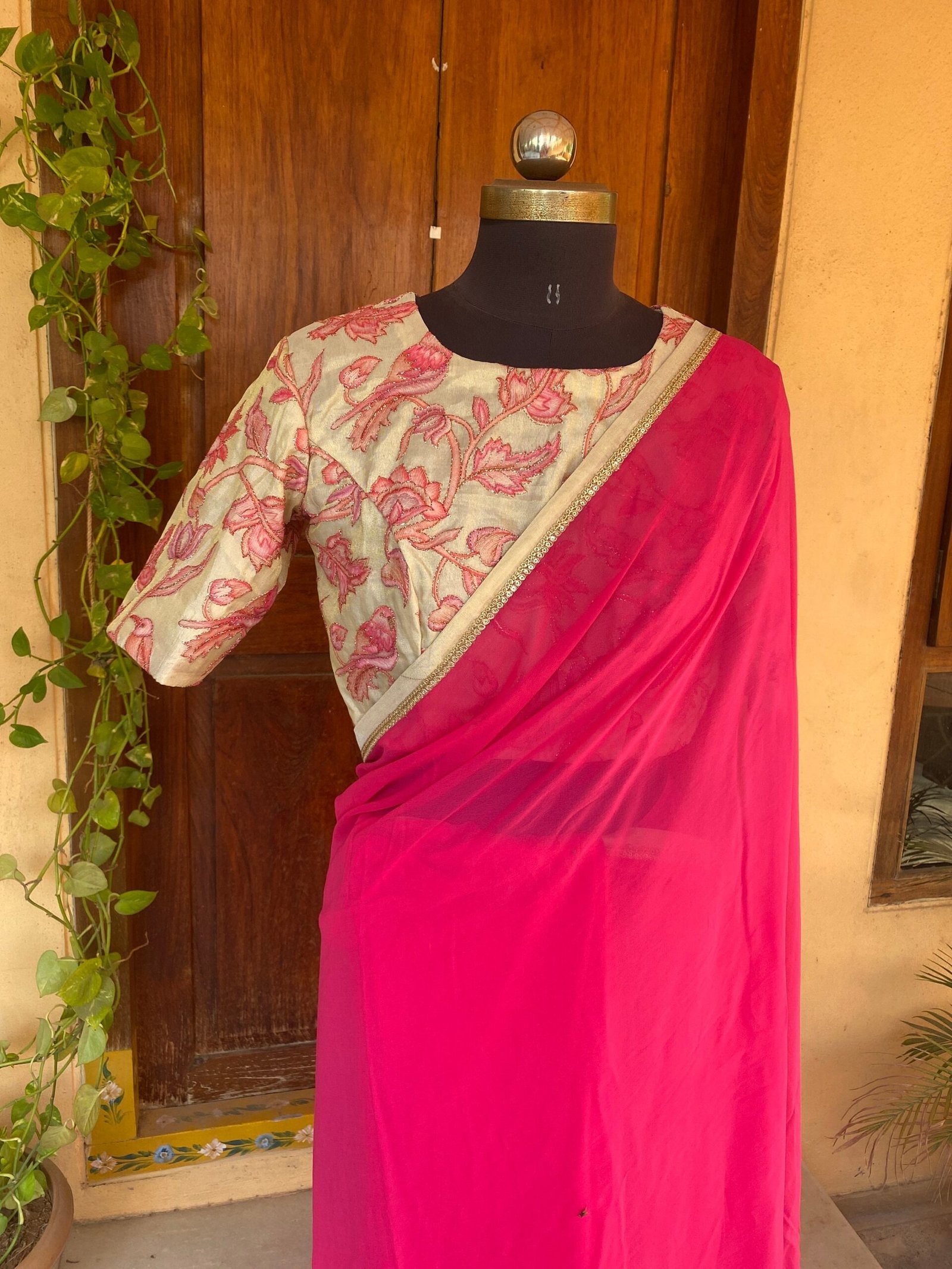Saree with stitched blouse/ saree with embroidery blouse /Kalamkari blouse/georgette silk saree ready blouse/cocktail saree/modern saree usa