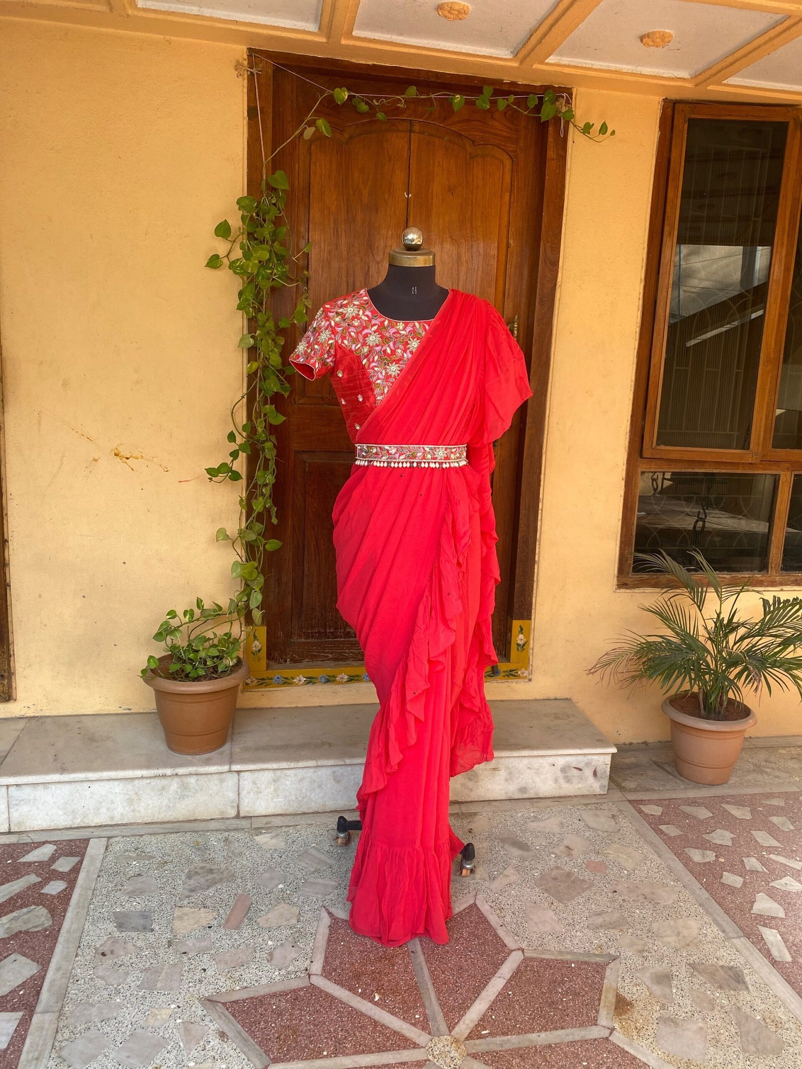 Ruffle saree with blouse/ peach ruffle saree with stitched blouse/ saree belt with blouse / silk ruffle saree / saree with belt / belt sari
