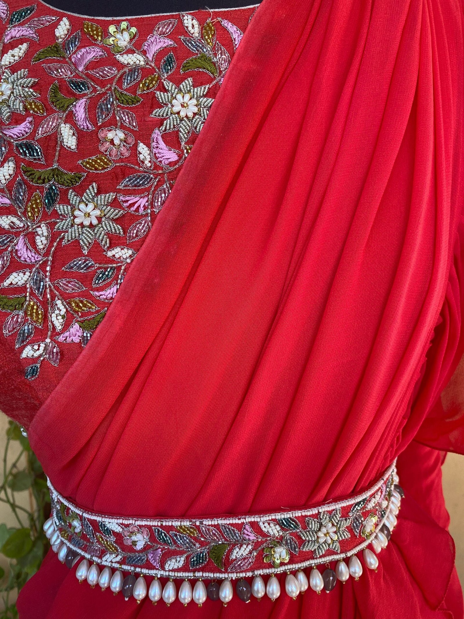 Ruffle saree with blouse/ peach ruffle saree with stitched blouse/ saree belt with blouse / silk ruffle saree / saree with belt / belt sari