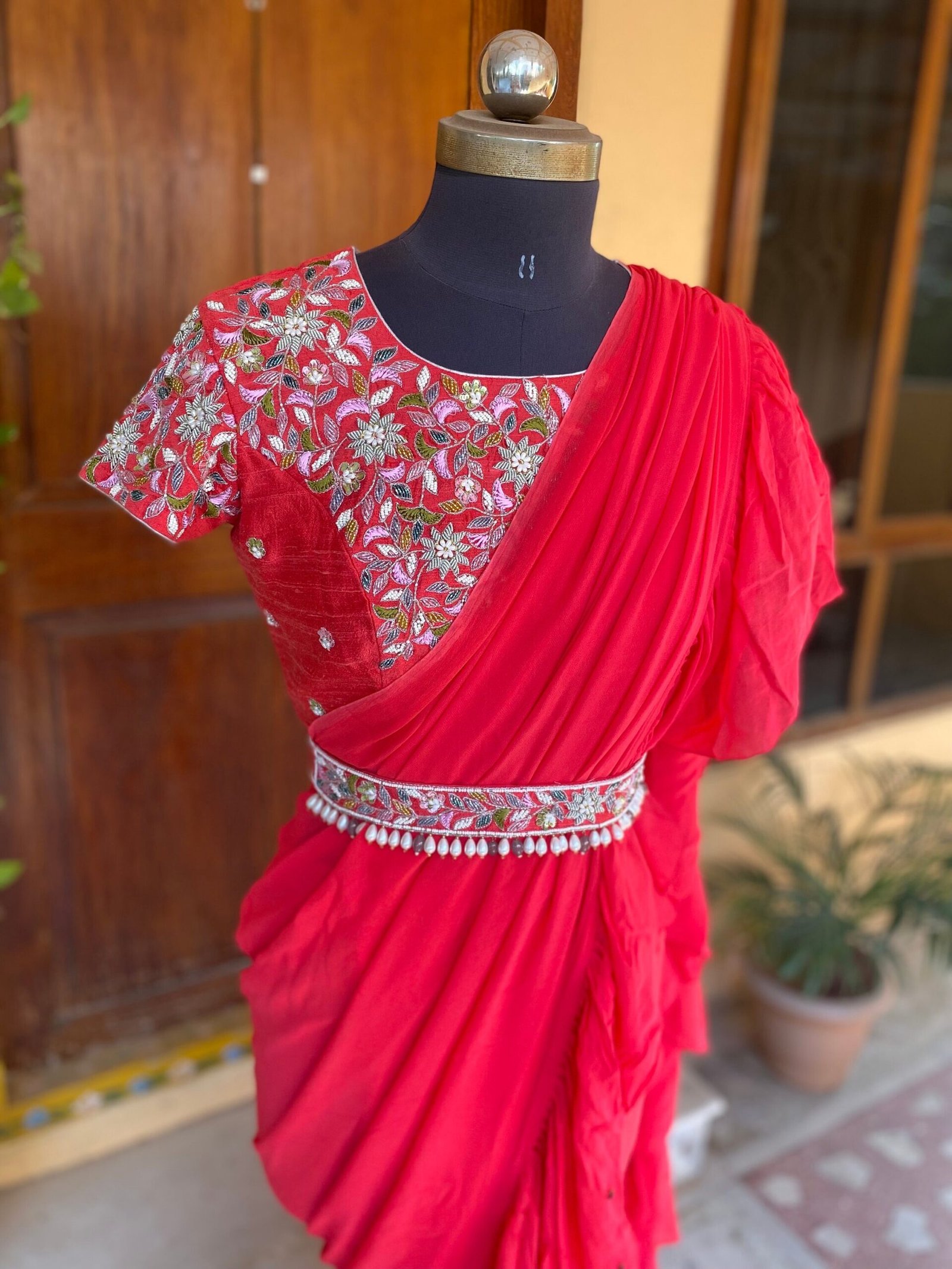 Ruffle saree with blouse/ peach ruffle saree with stitched blouse/ saree belt with blouse / silk ruffle saree / saree with belt / belt sari