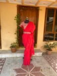 Ruffle saree with blouse/ peach ruffle saree with stitched blouse/ saree belt with blouse / silk ruffle saree / saree with belt / belt sari