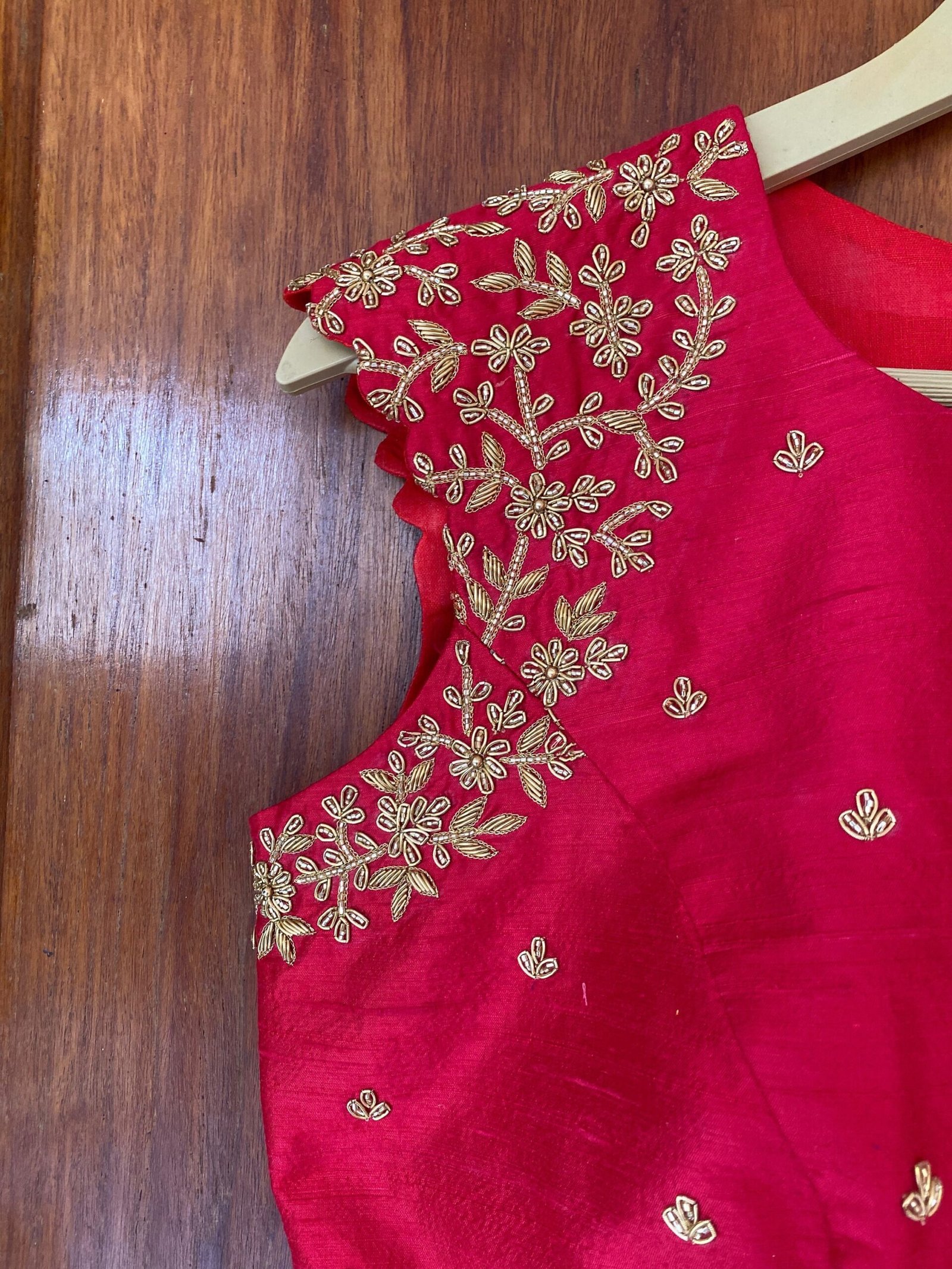 pure silk hand embroidery blouse /red maggam blouse /red raw silk zardosi blouse / hand embroidered blouse/red sleeveless ready made blouse