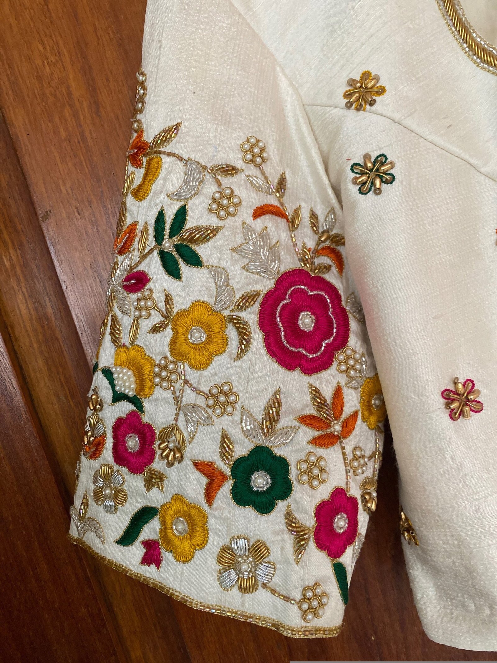 pure silk hand embroidery blouse /cream maggam blouse /raw silk zardosi blouse / multicolor chand embroidered blouse/ready handwork blouse