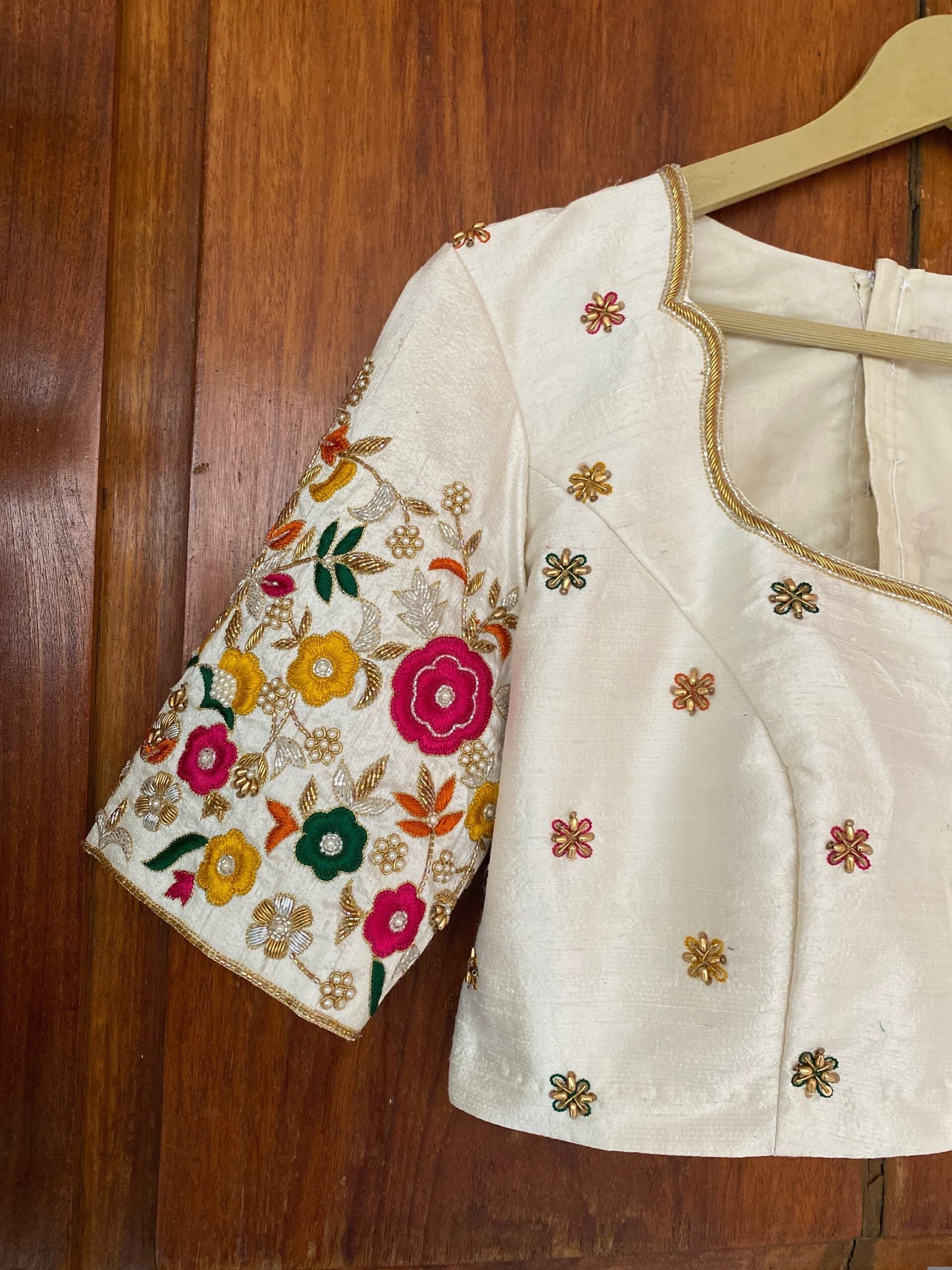 pure silk hand embroidery blouse /cream maggam blouse /raw silk zardosi blouse / multicolor chand embroidered blouse/ready handwork blouse