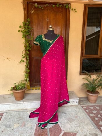 Pink chiffon silk saree with hand Embroidered blouse | buti embroidered saree with ready blouse |sarees |green blouse /saree with belt