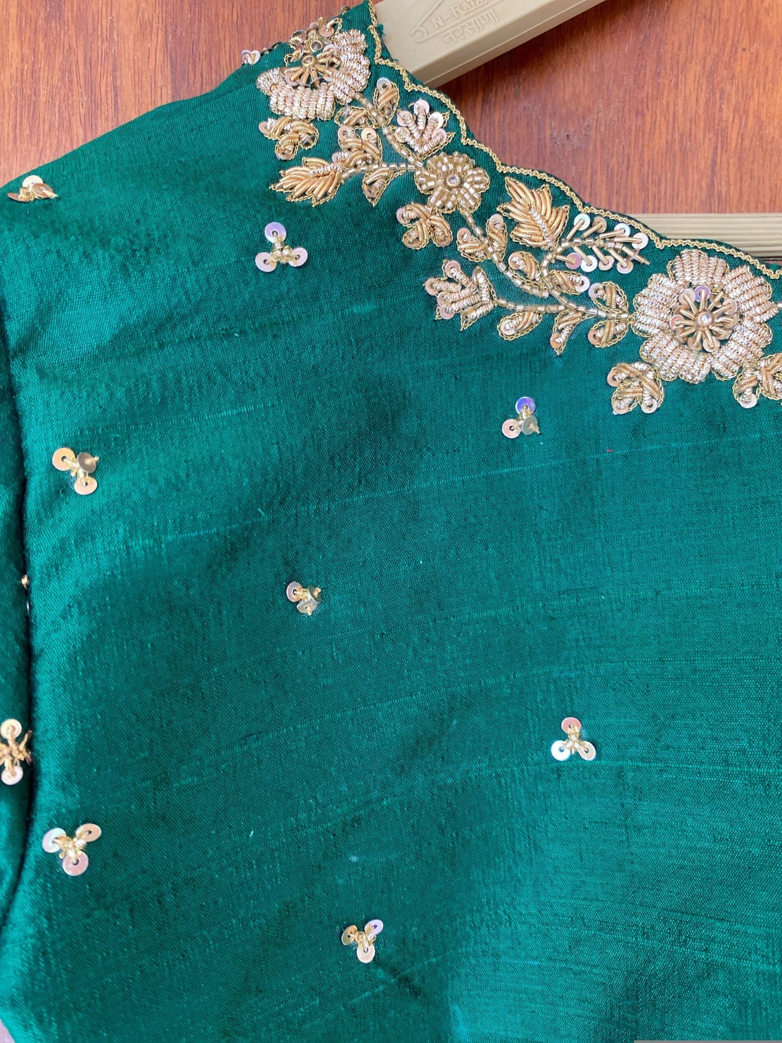 pure silk hand embroidery blouse / saree maggam blouse/ raw silk zardosi blouse / hand embroidered blouse / green ready made blouse zardosi