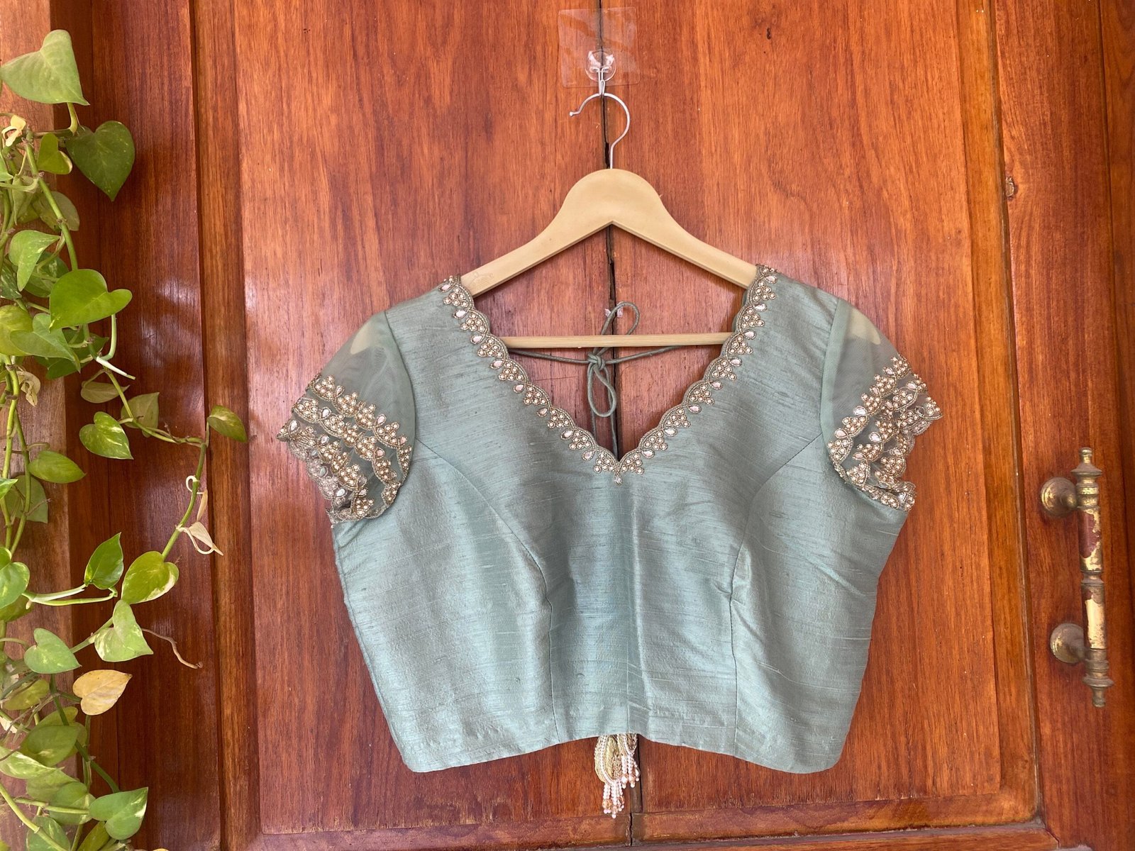 Green ruffle sleeve hand embroidery blouse/ saree maggam blouse/frill saree blouse/ v neck hand embroidered blouse/ready made blouse zardosi