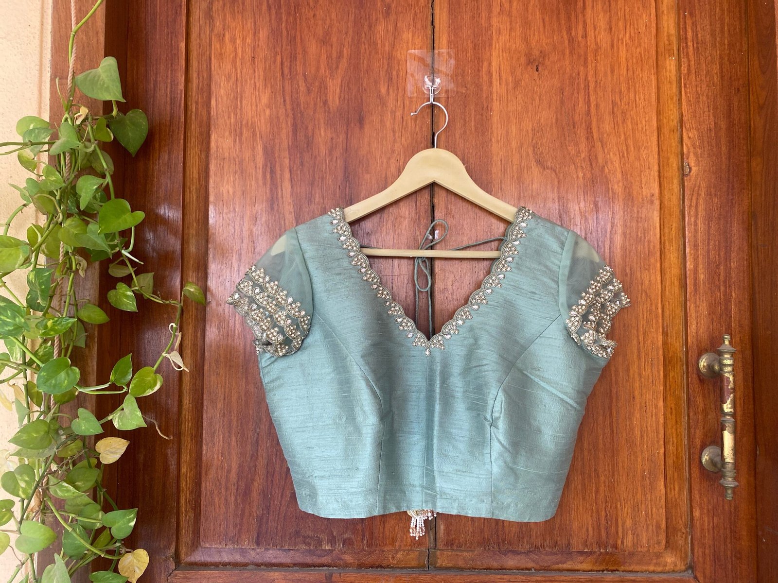 Green ruffle sleeve hand embroidery blouse/ saree maggam blouse/frill saree blouse/ v neck hand embroidered blouse/ready made blouse zardosi