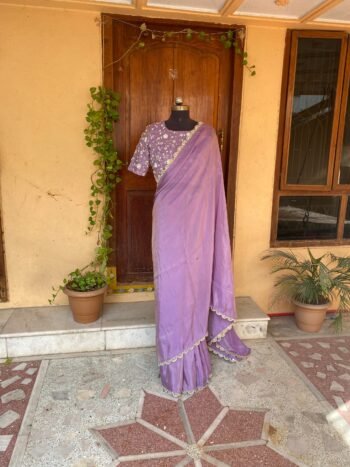 Saree with stitched blouse/silk saree high neck embroidered blouse /lavender tissue saree/ soft silk saree ready blouse /cocktail saree