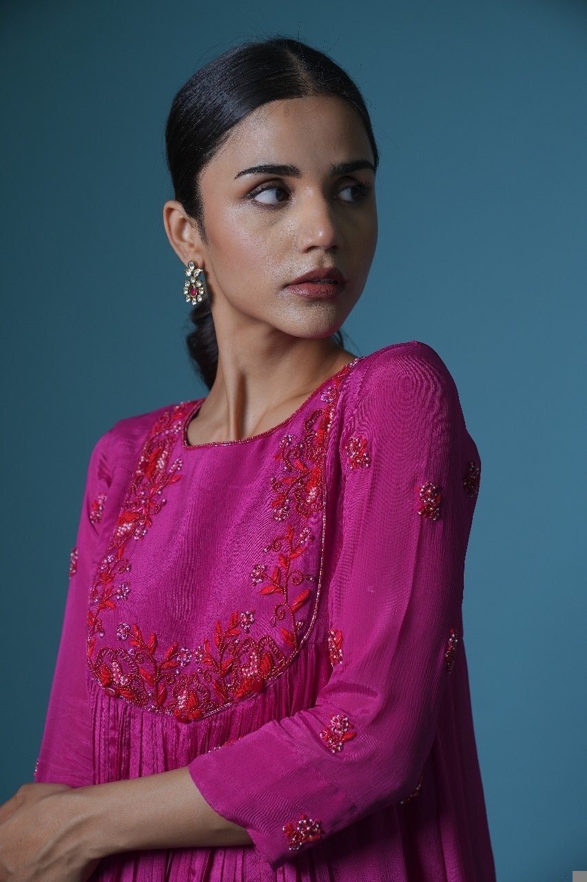 Hand Embroidered Anarkali Suit Set: Pink Purple Silk Kurta with Pants