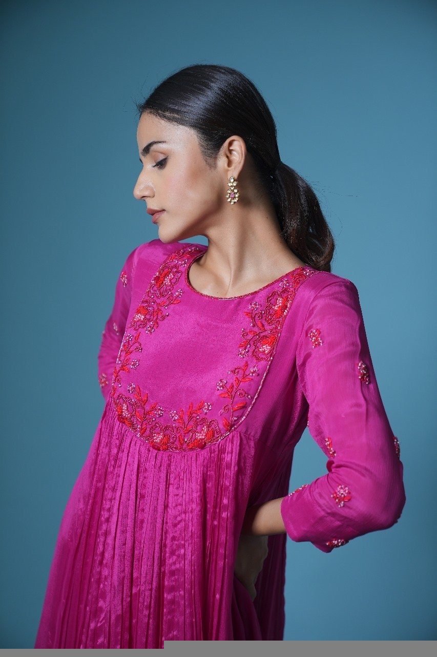 Hand Embroidered Anarkali Suit Set: Pink Purple Silk Kurta with Pants