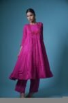 Hand Embroidered Anarkali Suit Set: Pink Purple Silk Kurta with Pants