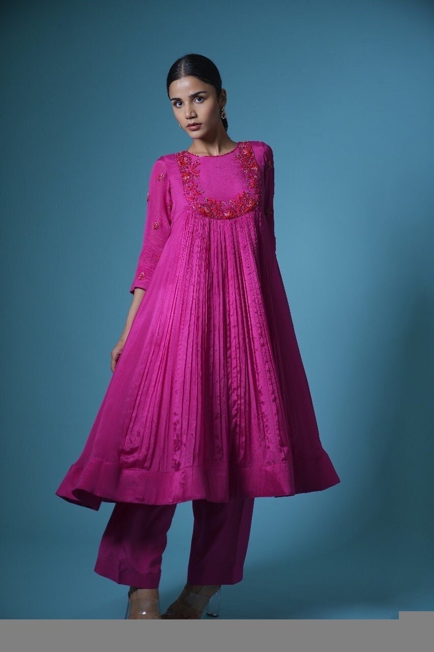 Hand Embroidered Anarkali Suit Set: Pink Purple Silk Kurta with Pants