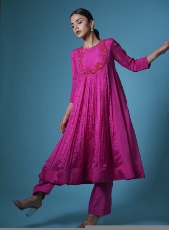 Hand Embroidered Anarkali Suit Set: Pink Purple Silk Kurta with Pants
