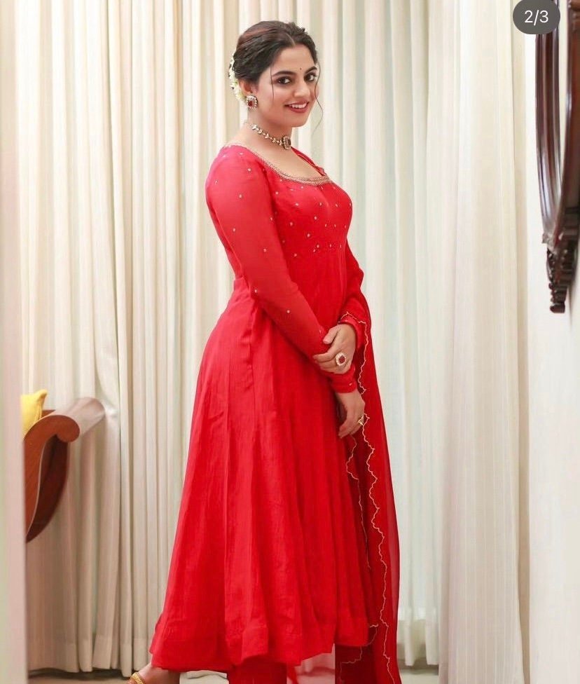 Hand embroidered Anarkali with pants/anarkali suit set /anarkali dupatta USA/Indian dresses/red kurta with dupatta Polazzo/kurta with pants